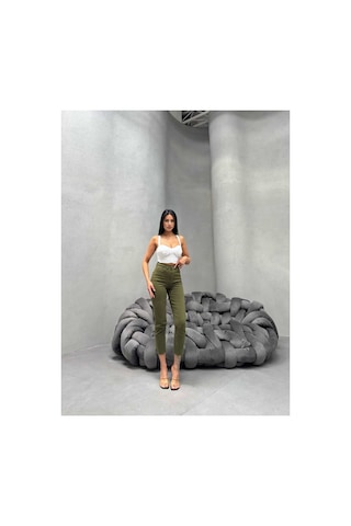 Kene Jeans Kadın Haki Yüksek Bel Keten Paça Kesik Dar Paça Pantolon Haki