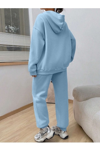 Happiness Eşofman Takımı Sweatshirt Jogger - Bebe Mavi Baskılı Oversize Şardonlu Kapüşonlu Bebe Mavi