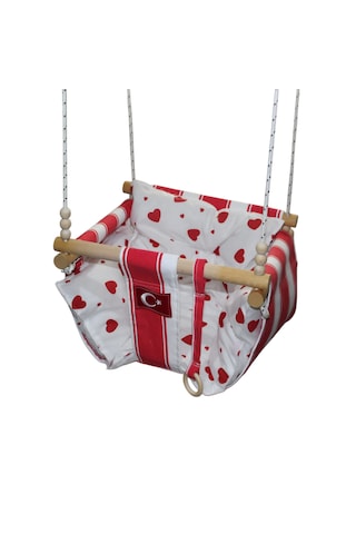 Ahşap Bebek Salıncağı Minder Yastık Ve Diş Halkalı Ay Yıldız Salıncak Kırmızı - Beyaz