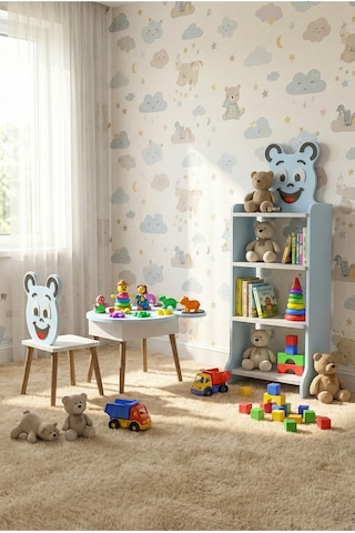 Çocuk Mobilya Seti Happy Face Masa - Sandalye ve 4 Raflı Kitaplık Sevimli Figürlü Mavi