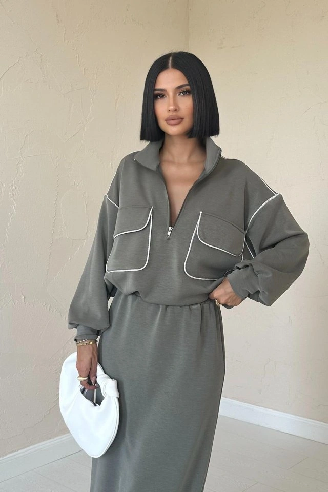 Buğrahayalin Haki Biyeli Sweatshirt Ve Etek Takım