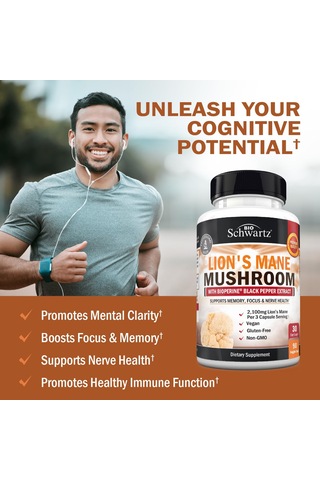 Bioschwartz Organic Lions Mane Mushrooms With Bioperine Nootropic Brain Memory Focus 90 Caps Aromasız