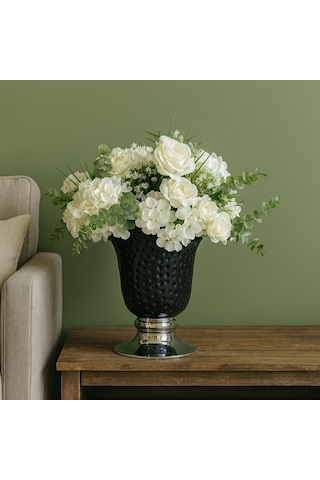 Siyah Dokulu Vazo Beyaz Gül & Ortanca Yapay Aranjman Salon