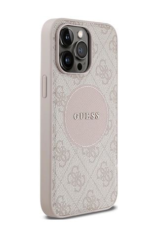 Apple Uyumlu iPhone 14 Pro Max Kılıf Guess Lisanslı M-safe Şarj Özellikli Yazı Logolu Circle Classic Kapak Pembe