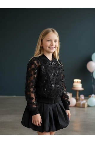 Zekids Kız Çocuk Çiçek İşlemeli Tasarım Bomber Ceket-16574 Siyah