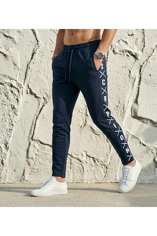 Plus Scorpion Erkek Slim Fit Eşofman Altı Yazılı Şerit Detaylı, Dar Paça Jogger Pantolon Lacivert