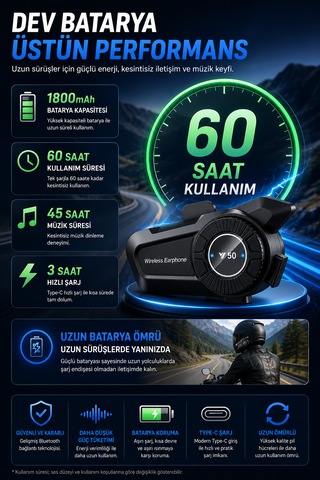 Y50 Bluetooth Kask Kulaklığı Motosiklet İnterkomu 1800mah Batarya 60 Saat Kullanım Ipx6 Mikrofonlu Kulaklık