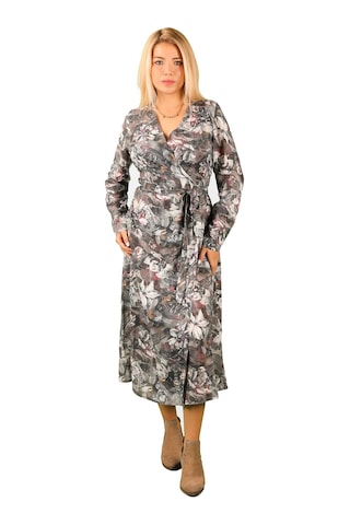Kadın Çapraz Kapamalı Çiçek Baskılı Viskon Elbise Gri
