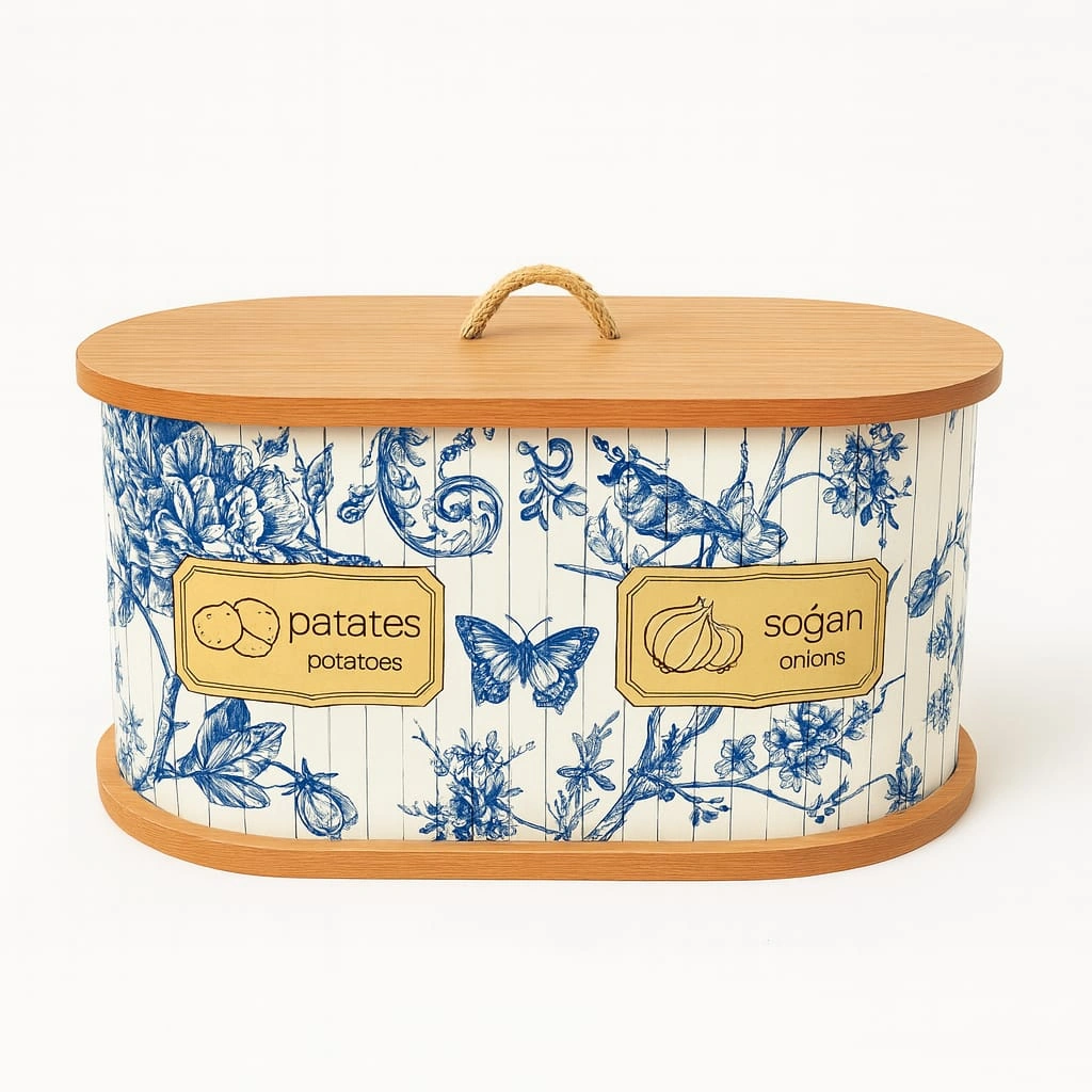 Dekorasyaa 2 Bölmeli Patates Soğanlık - Bambu - Oval Mavi Desen Beyaz - Mavi