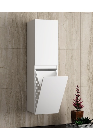Banyo Boy Dolabı Çamaşır Sepetli 130 Cm Parlak Beyaz