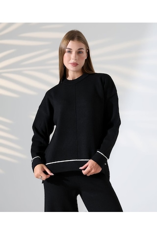 Kontrast Dikişli Kadın Triko Takım Siyah