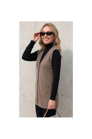 Onno Style Women Yakası Taşlı Çelik Örgü Triko Kadın Yelek Bej