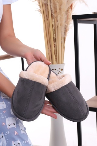 Wordex U050 Unisex Kışlık Ev İçi Terliği Kürklü Yünlü Terlik Gri