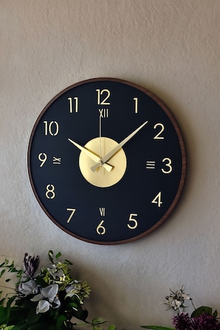 Ahşap Dekoratif Alcyone Gold - Kahverengi Duvar Saati 48cm Siyah - Gold