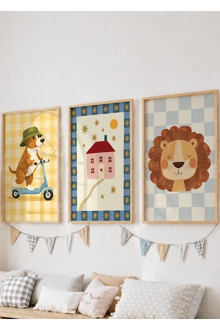 3'lü Çocuk Odası Dekoratif Eğlenceli Poster Tablo Ahşap Çerçeveli