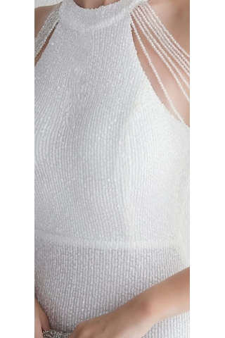 Hanife Glam Couture Hanife Glam Halter Yaka Taş Tasarımlı Pul Payet Abiye Elbise Beyaz
