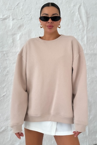 Modagen Kadın Bej Bisiklet Yaka Yanı Yarım Fermuar Detaylı Sweatshirt Bej
