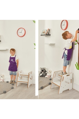Minera Çocuk Yetişkin Montessori Ahşap Basamak Yükseltici Tabure Beyaz