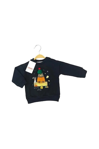 Çikoby Bebek Örgü Şapkalı Ayı Baskılı Sweatshirt-13519 Siyah