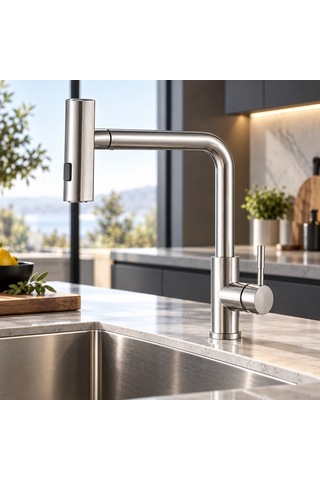 Alfas Aura Rain İnox Çekmeli Mutfak Evye Bataryası Yağmurlama Fonksiyonlu Pvd 304 Paslanmaz Çelik Inox