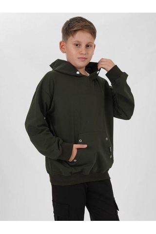 Çocuk Çıtçıt Detaylı Kapüşonlu Pamuklu Sweatshirt-14837 Haki
