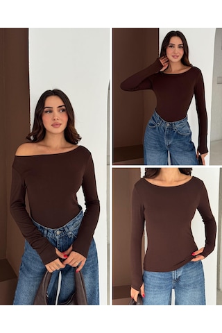 Elaxi Kadın Kayık Yaka Parmak Geçmeli Uzun Kollu Full Likralı Pamuk Viskon Buzzy Body Tişort Kahverengi