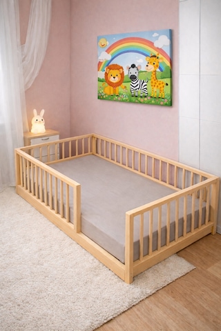 Montessori Ahşap Yer Yatağı Korkuluklu Çocuk Karyolası