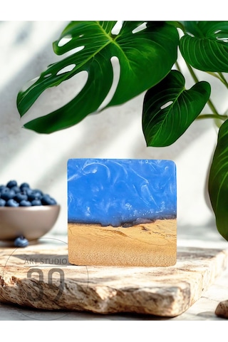 Ceviz & Turkuaz Epoksi Bardak Altlığı Seti 6 Lı, El Yapımı Ceviz Ahşap, 12x12 Cm, Modern & Şık Tasarım Turkuaz
