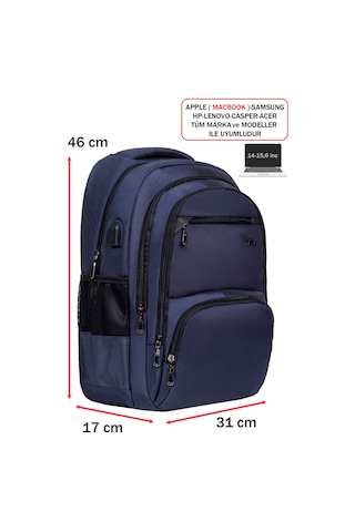 Dada 04 Lacivert Laptop Sırt Çantası 14-15,6 İnç Usb Aparat Ortopedik Sırt Darbe Emici Koruma