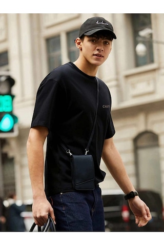 Erkek Siyah Oversize Caution Baskılı T-shirt Siyah