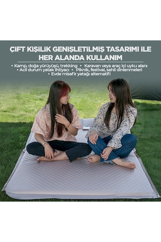 Çift Kişilik Kendiliğinden Şişen Kamp Yatağı Entegre Yastıklı, Pompa Hediyeli Taşınabilir Bej