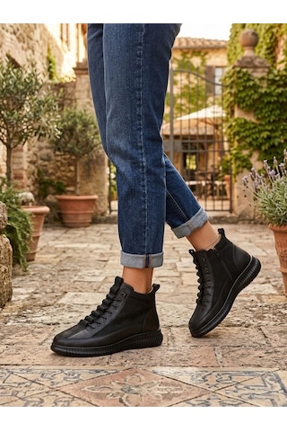 Beren Hakiki Deri Siyah Kadın Bot Süet Garnili Bağcıklı Ortopedik Comfort Günlük Casual Sneaker Bot