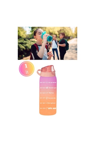 Flosoft 1 Litre Çift Renk Suluk, Okul Ve Sporcu Matarası, Motivasyonel Su Şişesi 1000Ml Turuncu