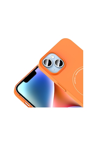 Apple iPhone Uyumlu 14 Kılıf M-safe Şarj Özellikli Kamera Korumalı Zore Elio Sert Pc Kapak - Turuncu