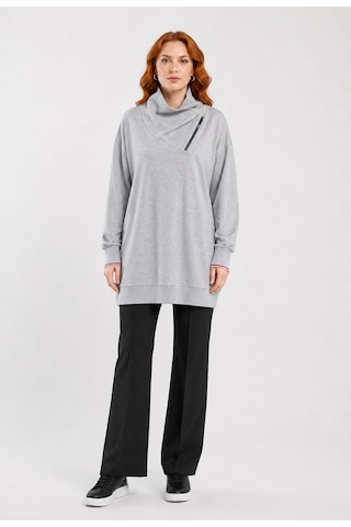 Neden Tekstil Kadın Gri Uzun Triko Sweatshirt Fermuarlı Yaka