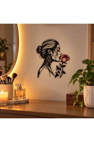 Kadın Ve Gül Figürlü Dekoratif Duvar Süsü 3d Baskı Modern Duvar Dekoru 32x28 Cm Kırmızı - Siyah