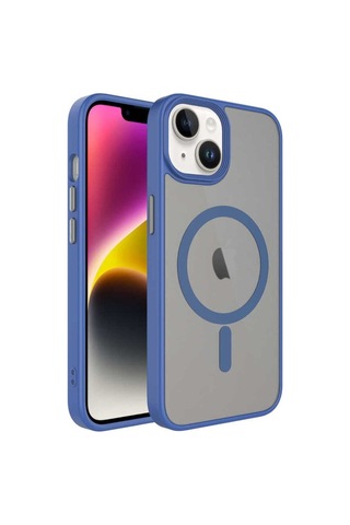Apple Uyumlu iPhone 14 Kılıf Mat Arka Yüzey Wireless Şarj Özellikli Zore Flet M-safe Kapak Mavi