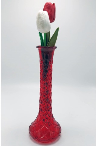 El Yapımı Kırmızı Renk Baklava Model Cam Karanfillik 25cm