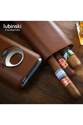 Lubinski Deri 3'lü Puro Kılıfı Kesicili Kahve 60 Ring