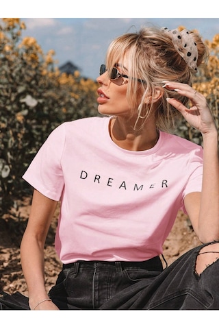 Dreamer T-shirt - Pembe Baskılı Oversize Bisiklet Yaka Kısa Kol Tişört Pembe