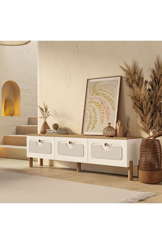 4090 Napoli 180 Cm Membran Mdf Kapaklı Bohem Tv Ünitesi Sepet - Beyaz Beyaz - Meşe