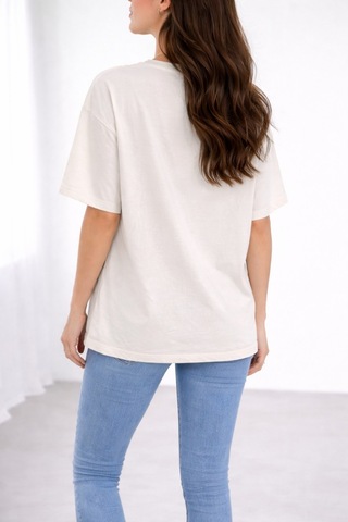 Soft&Basic Kadın %100 Organik Pamuk Baskılı Bisiklet Yaka T-shirt Beyaz