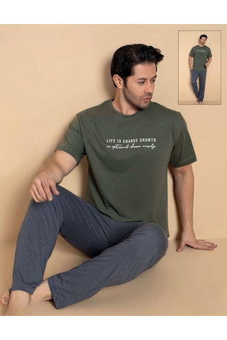 Pijamerry Erkek Bisiklet Yaka Kısa Kol Penye Pijama Takımı 6133 - 1 Adet Haki