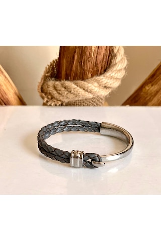 %100 Deri&krom Kombin Gri Erkek Bileklik Net 22cm Türk El Üretim Gri