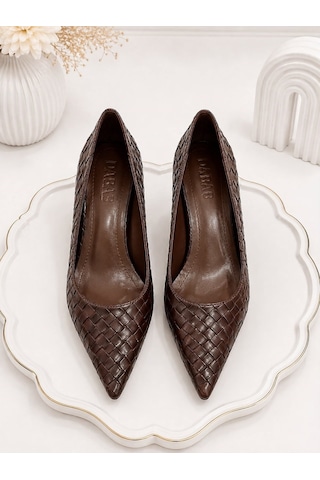 Dabab Shoes Lılya Kadın Acı Kahve Sivri Burun Örgü Desenli 6 Cm İnce Topuklu Stiletto Ayakkabı Kahverengi