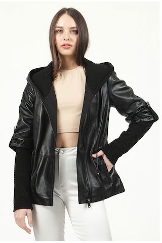 Dericlub Yb-2162 Gerçek Deri Kadın Kaban Siyah