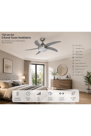 132 Cm Gri 5 Kanatlı Tavan Vantilatörü Uzaktan Kumandalı Sessiz Çalışma Zaman Ayarlı 60 Watt