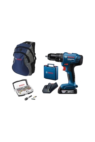 Bosch GSB 183-lı 2AH Tek Akülü Vidalama Darbeli Matkap + 32 Parça Bits Uç Seti + Mavi Sırt Çantası