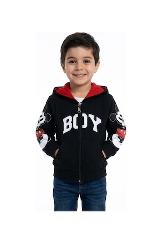 İrem Çocuk Giyim Erkek Çocuk Boy Yazılı Kapüşonu Kulaklı Kolları Resimli Siyah Hırka Siyah