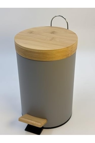Bambu Kapaklı Metal Çöp Kovası - Hidrolik Sistemli Yavaş Kapanma Özellikli, Pedallı, Banyo Ve Mutfak İçin Şık Ve Fonksiyonel Tasarım Gri, 5 Litre Siyah